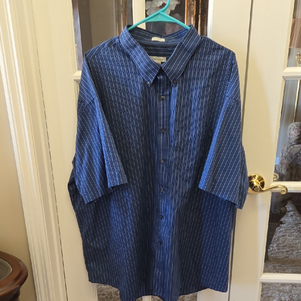 Van Heusen NO IRON Navy/Blue Stripe ButtonDown Shirt Short Sleeve XXXL 19-19 1/2
